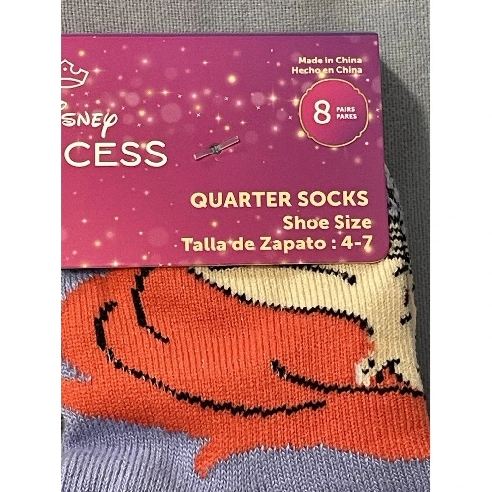 NEW Walt Disney Princess Girls Quarter Socks Multicolor 8 Pairs in‎ Size 4-7